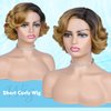 HANNE Short Curly Wigs for Black Women Side Part Ombre color Root Lace Part Short Wigs Curly Heat Resistant Loose Wave Black Women Wigs (Light Brown)