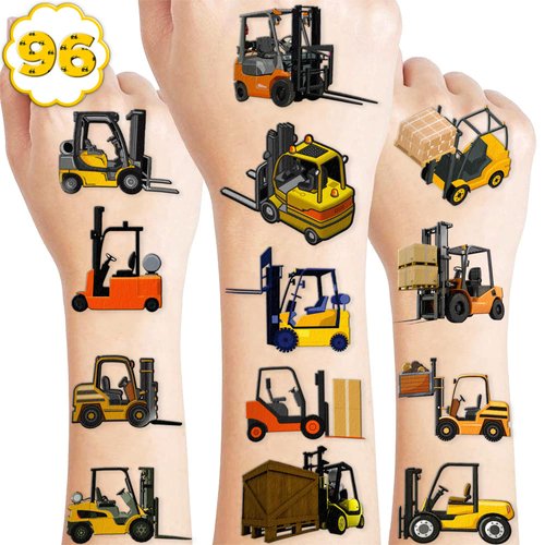 100 PCS Forklift Construction Temporary Tattoos Themed Birthday Party Supplies Decorations Favors Decor Dump Truck Crane Excavator Tattoo Stickers Gifts For Game Boys Girls Classroom School Prizes