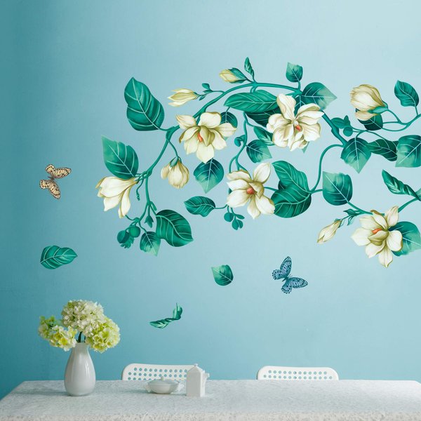 LiveGallery Removable Vinyl Fresh Green Leaf and White Flower Wall Sticker Murals Kids Girls Bedroom Nursery Rooms Wall Decals 3d Peel and Stick Decor for Home Living Room Offices Wall Corner (Flower)