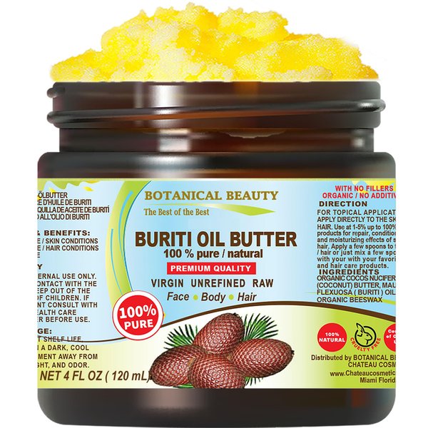 Botanical Beauty BURITI FRUIT OIL BUTTER Pure Natural Virgin Unrefined RAW 4 Fl. Oz.- 120 ml for FACE, SKIN, BODY, DAMAGED HAIR, NAILS. Natural sources of vitamin C and vitamin E