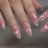 BABALAL Pink Press on Nails Medium Almond Fake Nails Heart Glue on Nails Bow Acrylic Nails Shiny Rhinestone Stiletto 24Pcs Glossy Manicure False Nails