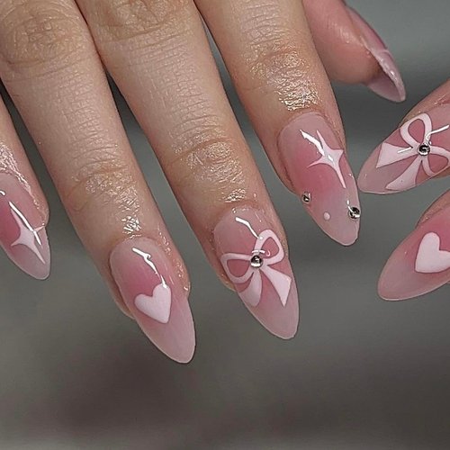 BABALAL Pink Press on Nails Medium Almond Fake Nails Heart Glue on Nails Bow Acrylic Nails Shiny Rhinestone Stiletto 24Pcs Glossy Manicure False Nails