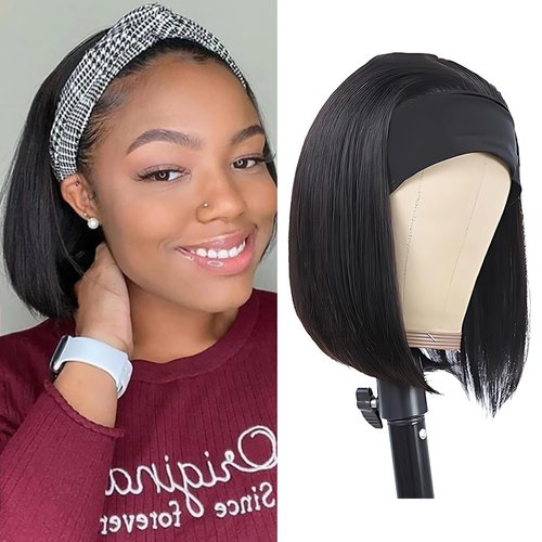 Feelgrace Headband Wig Human Hair Wigs for Black Women Straight Bob Human Hair Headband Wigs None Lace Wig Glueless Short Bob Wigs 100% Brazilian Virgin Hair Wear and Go Wigs Natural Color 12 Inch