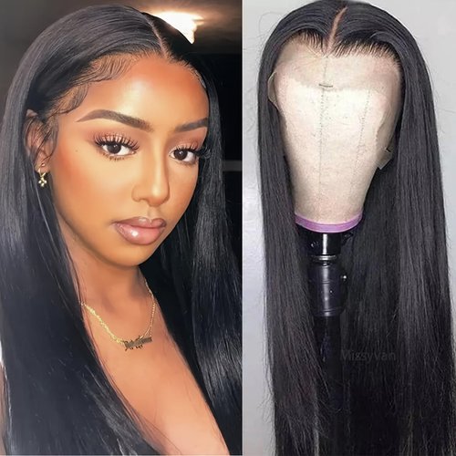 Missyvan Long Black Hair Lace Front Wigs Glueless Straight Hair Synthetic Lace Front Wig for Women Transparent 13x6 HD Lace Deep Part Wigs Natural Hairline Pre Plucked Heat Resistant Fiber Hair
