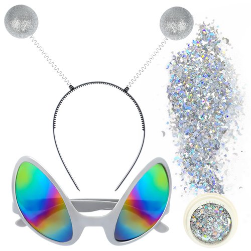 Alien Headbands and Glasses Silver Alien Antenna Headbands and Sunglasses with Glitter Halloween Sparkly Alien Headbands Boppers Space Costume Accessories for Adults Alien Theme Party Supplies