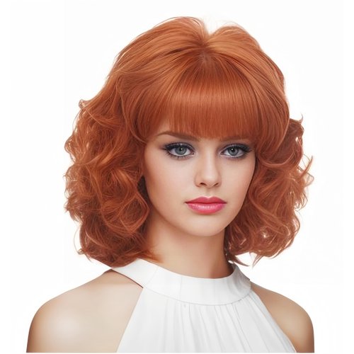 Gerulyss Short Copper Red Wigs for Women Auburn Wavy Shoulder Length Wig with Bangs Synthetic Ginger Curly Natural Wig for Role Play,Halloween,Daily Use