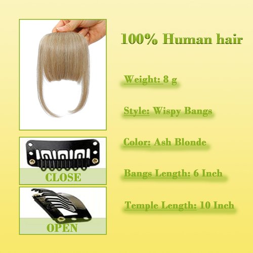 Savasana Clip on Wispy Bangs-Real Human Hair Clip in Bangs Hairpieces Fake Air Bangs Fringe with Temples Bangs Hair Extensions (Wispy Bangs, Ash Blonde)