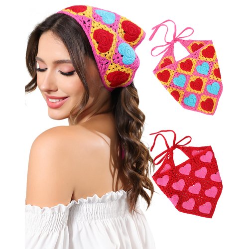 HAIMEIKANG Crochet Bandanas for Women - 2 PCs Heart Hair Bandana Headbands for Women Fashion Hair Scarf Kerchief Head Wraps