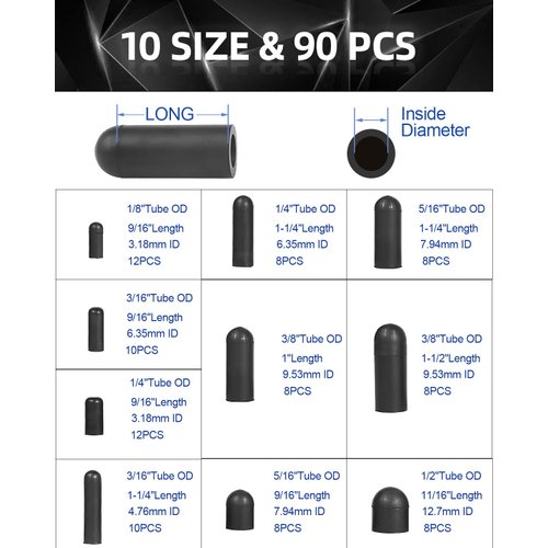 Rubber Vacuum Caps Plug Kit, 90 PCS 10 Sizes Assorted Vacuum Plugs Hose End Caps Assortment Kit for Carburetor, Manifold, Automotive 3/16'' 5/16" 1/8" 1/4" 1/2'' 3/8''
