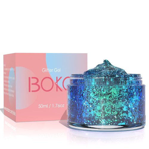 Boko 1.76oz Body Glitter Gel, Chameleon Liquid Chunky Glitter Lotion Mermaid Sequins for Face Hair and Body Makeup, Halloween Christmas Coachella St Patrick's Day Mardi Gras Rave Accessories