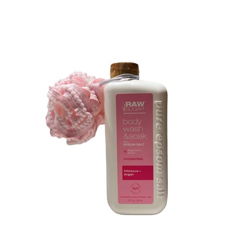 Generic Raw Sugar Epsom Body Wash + Bath Soak - Hibiscus and Argan - 25 fl oz with sponge Bath Loofah, Clear