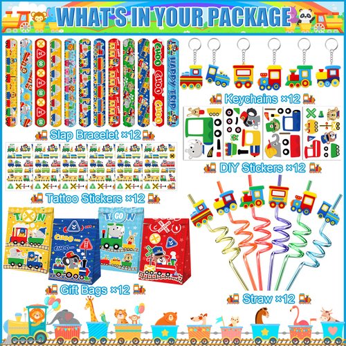 Erweicet Train Party Favors 72PCS Slap Bracelets DIY Stickers Temporary Tattoos Keychains Plastic Straws Gift Bags for Kids Car Theme Birthday Party Baby Shower