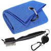 Aebor Golf Towels, Microfiber Waffle Pattern Tri-fold Golf Towel - Brush Tool Kit with Club Groove Cleaner, with Clip Men Women Golf Gifts (Blue Towel+Black Brush)