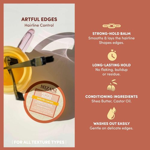 Mizani Artful Edges Edge Control Gel | Strong Hold Hair Balm | Flake-Free, No Buildup | Keeps Sleek Styles in Place | With Castor Oil & Shea Butter | For All Types | 1.6 Fl. Oz