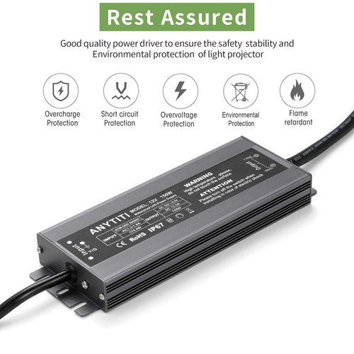 ANYTITI LED Driver,LED Power Supply IP67 Waterproof Output 150W DC12V 12.5A 3-Prong Plug 4.5feet