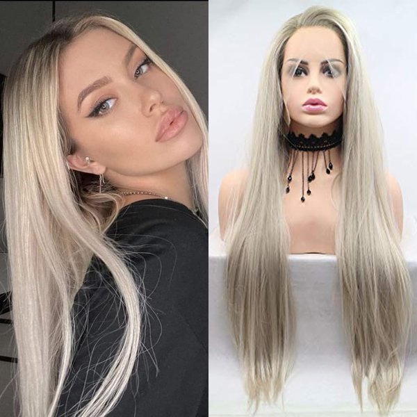 xiweiya Ombre Blonde Wigs with Light Brown Roots Glueless Side Part Long Straight Synthetic Blonde Lace Front Wig Heat Resistant Fiber Half Hand Tied for Daily Party Use 26inch