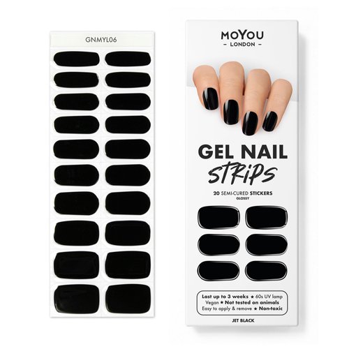 MOYOU LONDON Semi Cured Gel Nail Strips Solid Color 20 Pcs. UV Gel Nail Wraps for Salon-Quality Manicure, Easy to Apply, Trim, & Remove, Jet Black