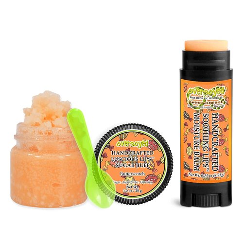 Butterscotch Soothing & Luscious Lips by OverSoyed Exfoliator & Chapped Lip Repair Lip Care Combo | Artisan Handcrafted to Order Butter Rum Caramel Brown Sugar Sweet Vanilla Flavored Exfoliating Sugar Lip Scrub & Lip Moisturizer Balm Gift Set