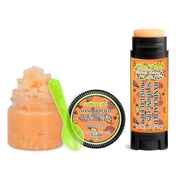 Butterscotch Soothing & Luscious Lips by OverSoyed Exfoliator & Chapped Lip Repair Lip Care Combo | Artisan Handcrafted to Order Butter Rum Caramel Brown Sugar Sweet Vanilla Flavored Exfoliating Sugar Lip Scrub & Lip Moisturizer Balm Gift Set
