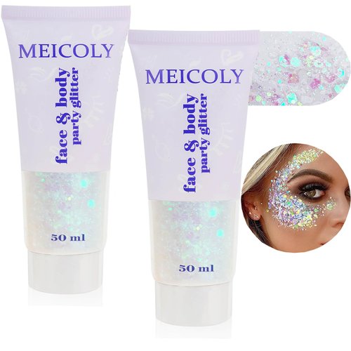 MEICOLY 2pcs Clear White Face Body Glitter,Mermaid Face Glitter Gel,Singer Concerts Festival Rave Accessories,Chunky Sequins Glitter Face Paint for Women and Kids,Sparkling Glitter Makeup