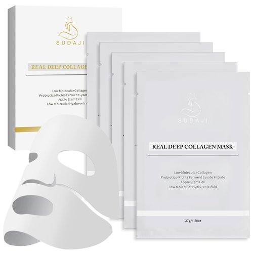 SUDAJI Collagen Face Mask (37g*5ea), Probiotics Deep Collagen Mask, Overnight Collagen Mask With Apple Stem Cells, Facial Hydrogel Masks for Elasticity, Firming, and Moisturizing