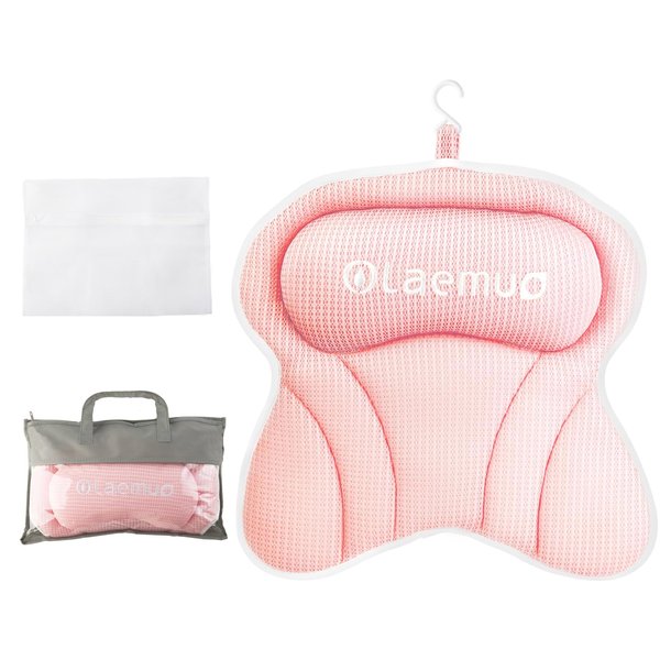 Olaemuo Bath Pillow Luxury Bathtub Pillow, Comfortable Bath Tub Pillows for Tub Head Neck Back Support, Shower Pillows for Tub, Bath Tub Pillow Headrest with Strong Suction Cups, Spa Accessories-Pink