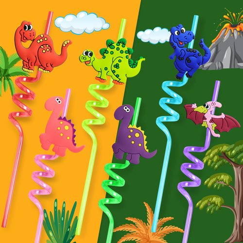 FZR Legend 24 Reusable Dinosaur Drinking Plastic Straws + 6 Dinosaur Temporary Tattoos for Kids Girls Boys | Dinosaur Birthday Party Supplies Three Rex Party Favors Decorations with Cleaning Brush