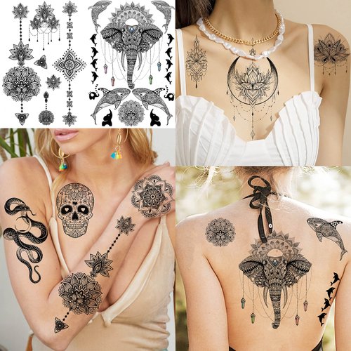 31 Sheets Indian Black Temporary Tattoos for Women Girls Adults Arm, Bohemia Lotus Tribal Skull Lion Elephant Fake Tattoo Stickers Feather Moon Snake