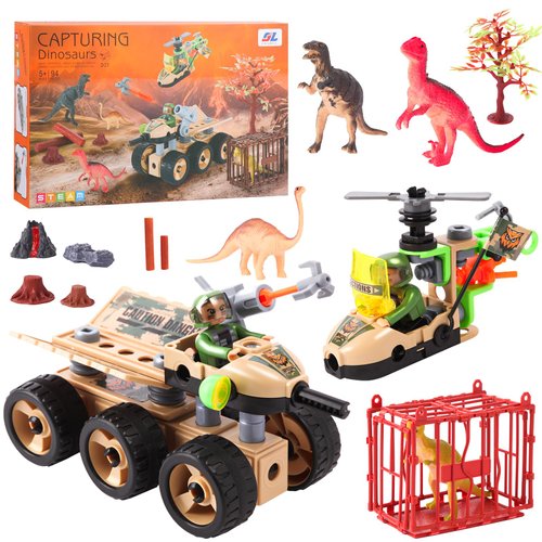 Dinosaur Building Toys, STEM Learning Toys 5+ Years,Dinosaur Park World,Capture Jurassic Play Set with Armored car,Helicopter,4 Dino Figures,cage,Trees,Birthday Gifts for Boys and Girls (94 Pcs)