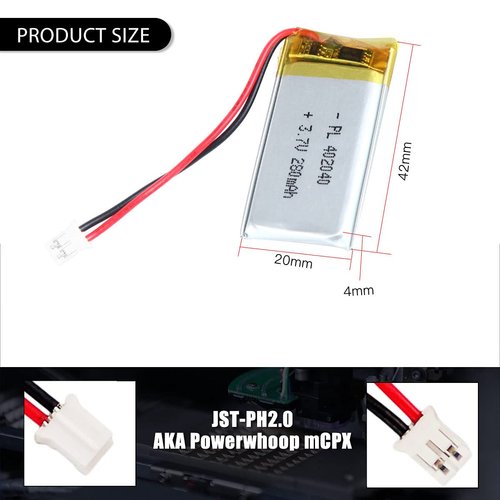 AKZYTUE 3.7V 402040 280mAh Lipo Battery Rechargeable Lithium Polymer ion Battery Pack with PH2.0mm JST Connector