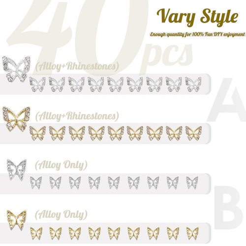 Butterfly Nail Charms, 60pcs 3D Golden Silver Butterfly Charms for Acrylic Nails, 20 Butterflies Nail Rhinestones Gems Charms +40 Alloy Studs, Nail Art Crystals Diamonds Decor Supplies for Nails DIY