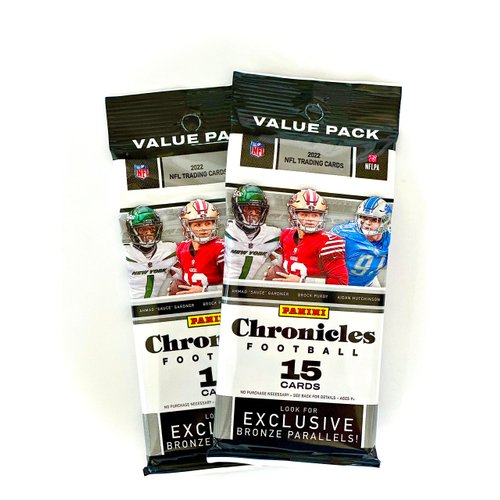 2022 Panini Chronicles Football 2 Cello Fat Packs (2) - 30 Football Cards Total - Look for Brock Purdy Rookie Cards and Others
