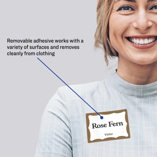 Avery Customizable Name Tags, 2-1/3" x 3-3/8", White with Gold Border, 100 Removable Name Badges (05146)