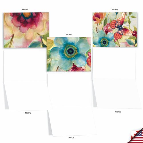 The Best Card Company - 10 Boxed Note Cards with Flowers - Blank Assorted Floral Notecards Bulk (4 x 5.12 Inch) - Watercolor Botanicals M3314