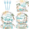 80 Pcs Summer Beach The Big One Tableware Boy Surfing 1st Birthday Paper Dinner Plates Napkins Forks Dinnerware for Surf Board Sun Retro Van Wave Theme Surf 1st Bday Baby Shower Party Supplies