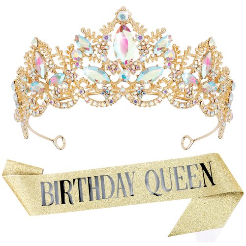 Birthday Crowns for Women, Aprince Birthday Tiaras for Women Crowns and Tiaras for Women Girls Birthday Crown and Birthday Queen Sash Gold AB Crown Queen tiara for Wedding Prom Party Halloween