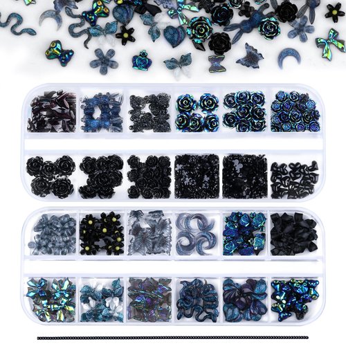 Kikonoke 2 Boxes 3D Flower Nail Charms Butterfly Bow Snake Rabbit Bear Shaped Nail Art Rhinestones Gems for DIY Nail Art Decoration Making Craft (Black)