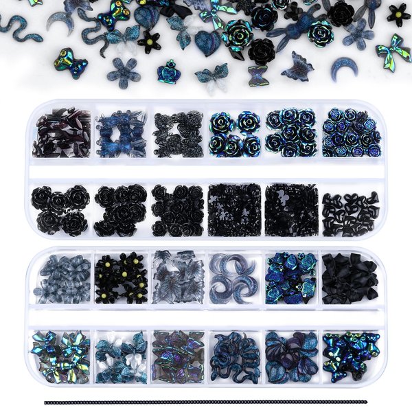 Kikonoke 2 Boxes 3D Flower Nail Charms Butterfly Bow Snake Rabbit Bear Shaped Nail Art Rhinestones Gems for DIY Nail Art Decoration Making Craft (Black)