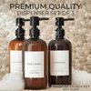 Stylish Shampoo and Conditioner Dispenser Set of 3 - Modern 21oz Shower Soap PET Bottles with Pump and Labels - Easy to Refill Body Wash Dispensers for an Instant Bathroom Decor Upgrade
