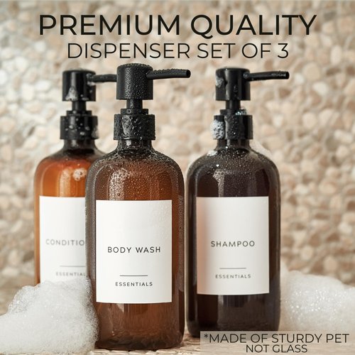 Stylish Shampoo and Conditioner Dispenser Set of 3 - Modern 21oz Shower Soap PET Bottles with Pump and Labels - Easy to Refill Body Wash Dispensers for an Instant Bathroom Decor Upgrade