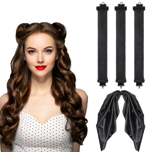 4 in 1 Pack No Heat Curling Rod, Velvet Hair Curlers to Sleep in Overnight Curls with Hook Blowout Rods Headband with Silk Scarf Curl Styling Kit for Long Medium Hair,Black