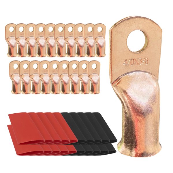 6pcs 4/0 AWG-3/8 Ring Battery Lugs, Copper Lugs, Battery Cable Ends, Tubular Ring Terminals, Crimp Wire Ring Lugs, Battery Terminal Connectors with Heat Shrink Tubing (6, 4/0 Awg - 3/8" (M10) Ring)