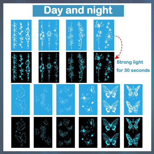Konsait 10 Sheets Glow in the Dark Tattoos Butterfly Tattoos Girls Temporary Tattoos for Women Glow Tattoos Blue Luminous Tattoos for Kids Body Make Up Fake Tattoo
