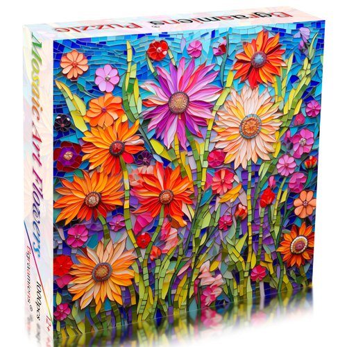 Bgraamiens Puzzle-Mosaic Art Flowers-1000 Pieces Mosaic Art Paper Puzzle for Adults, Stained Glass Art Puzzle with Flowers, Impossible Puzzle Color Challenge Flowers Puzzle for Adults