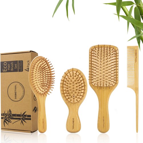 DEBETOOL Bamboo Hair Brush and Comb Set for Women Men and Kids,Natural Bamboo wood Wide-tooth brush and tail comb - Paddle Detangling Brush for Wet Dry Curly Hair