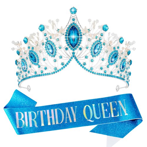 VELSCRUN Blue Crystal Birthday Tiara Crowns for Women Girls Elegant Queen Crown Headband Birthday Queen Sash Happy Birthday Queen Party Decorations Birthday Cake Topper Hair Accessories