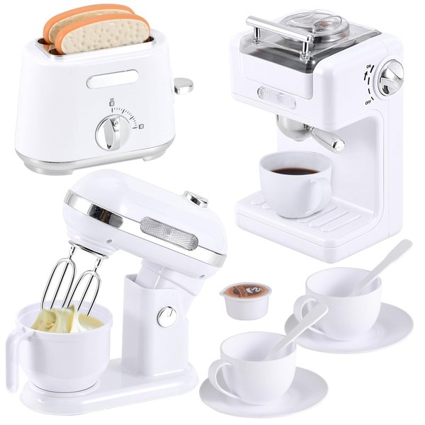 Pretend Play Kitchen Appliances Toy Set, Play Kitchen Accessories for Kids 3-8 with Coffee Maker, Toaster, Mixer with Light and Sound, Birthday Gift for Kids Ages 3 4 5 6 7 8，White