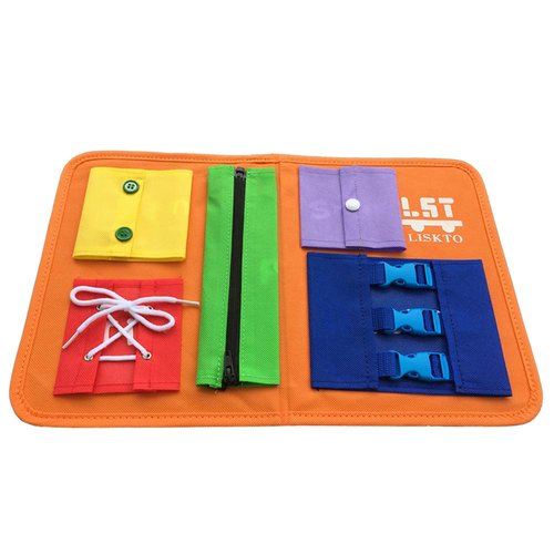 LST LISKTO Busy Board Dress Learning Boards for Fine Motor Skills & Learn to Dress, Basic Life Skills Sensory Board, Learn to Zip, Snap, Tie Shoe Laces and Buckle (Type1, Orange)