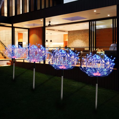 Fireworks Solar Lights Outdoor 4 Pack 480 LED Pathway Lights Solar Powered Starburst Fairy Lights Waterproof 8 Lighting Modes with Remote Control for Patio Christmas Yard Decorative(Multi-Colored)