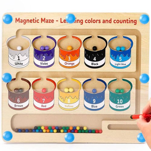 Allogogo Magnetic Color and Number Maze, Montessori Fine Motor Skills Toys for Boys Girls 3 4 5 Years Old, Wooden Color Matching Learning Counting Puzzle Board for Preschoolers Toddler, Paint Bucket